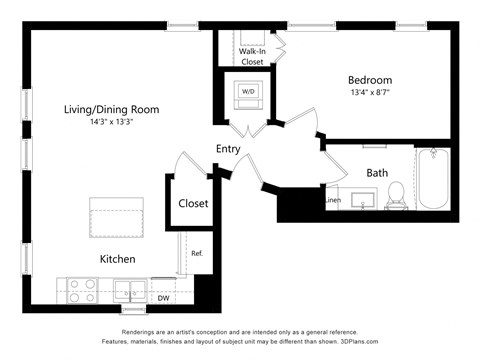 Floor plan for 1 bed, 1 bath, 984 sqft