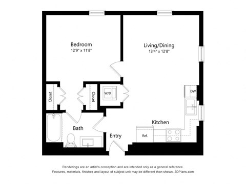 Floor plan for 1 bed, 1 bath, 712 sqft