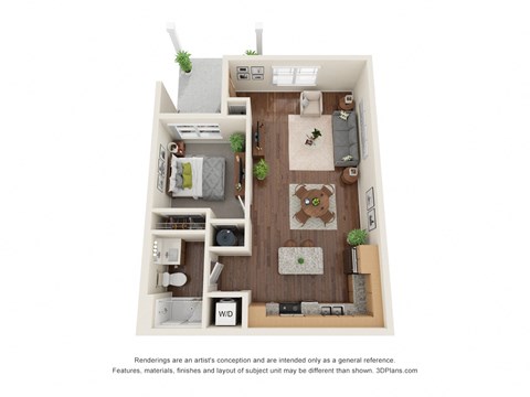 Floor plan for 1 bed, 1 bath, 671 sqft