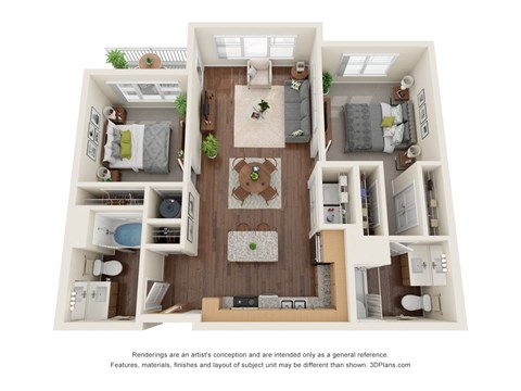 Floor plan for 2 beds, 2 baths, 933 sqft