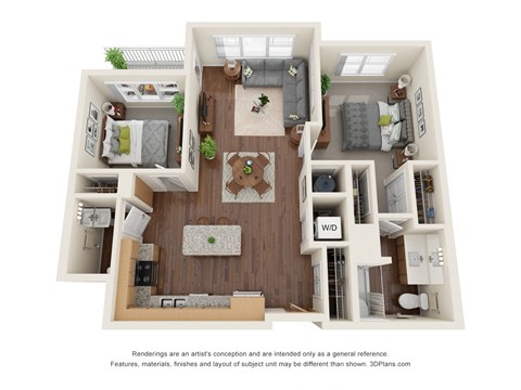Floor plan for 2 beds, 1.5 baths, 916 sqft
