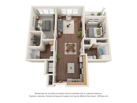 Floor plan for 2 beds, 2 baths, 979 sqft