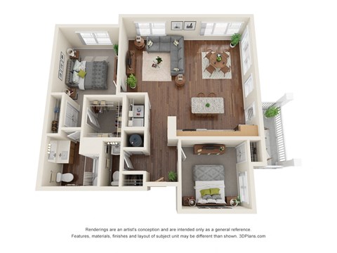 Floor plan for 2 beds, 1.5 baths, 1036 sqft