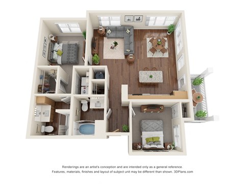 Floor plan for 2 beds, 2 baths, 1036 sqft