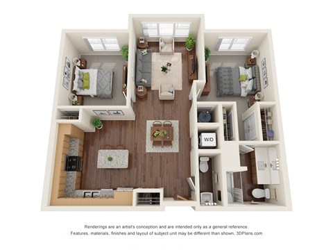 Floor plan for 2 beds, 1.5 baths, 1002 sqft