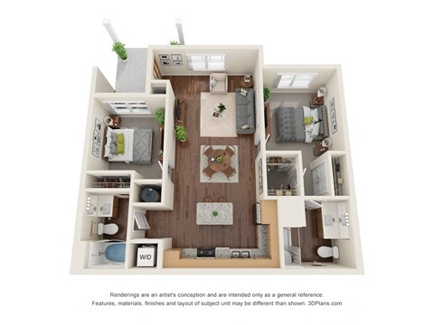 Floor plan for 2 beds, 2 baths, 939 sqft