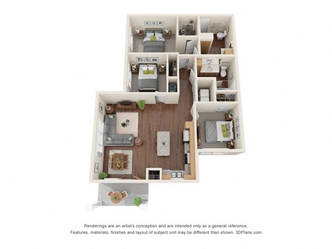 Floor plan for 3 beds, 2 baths, 1174 sqft