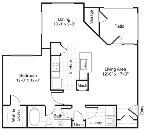 Floor plan for 1 bed, 1 bath, 823 sqft