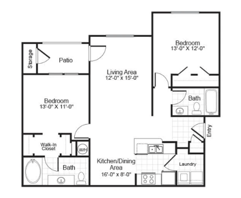 Floor plan for 2 beds, 2 baths, 1046 sqft