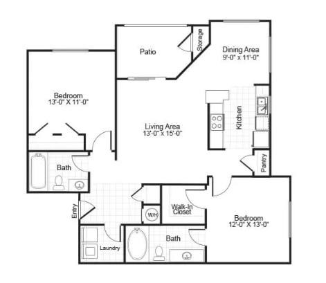 Floor plan for 2 beds, 2 baths, 1062 sqft