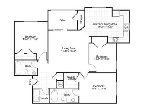 Floor plan for 3 beds, 2 baths, 1234 sqft