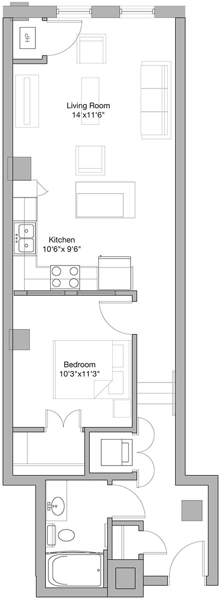 Floor plan for 1 bed, 1 bath, 727 sqft