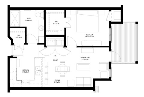 Floor plan for 1 bed, 1 bath, 731 sqft