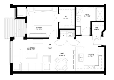 Floor plan for 1 bed, 1 bath, 767 sqft