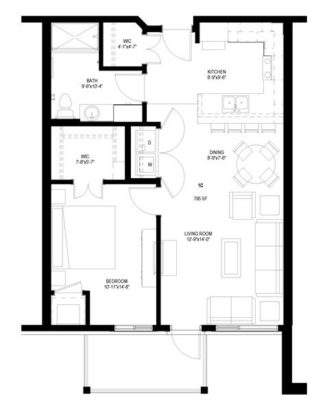 Floor plan for 1 bed, 1 bath, 800 sqft