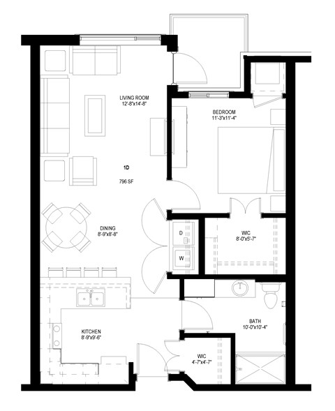 Floor plan for 1 bed, 1 bath, 800 sqft
