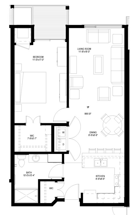 Floor plan for 1 bed, 1 bath, 868 sqft
