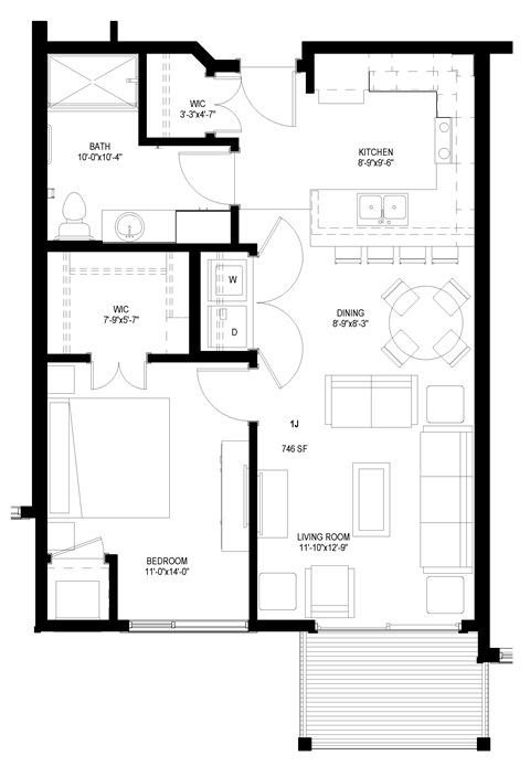 Floor plan for 1 bed, 1 bath, 747 sqft