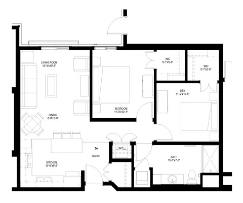 Floor plan for 2 beds, 1 bath, 892 sqft