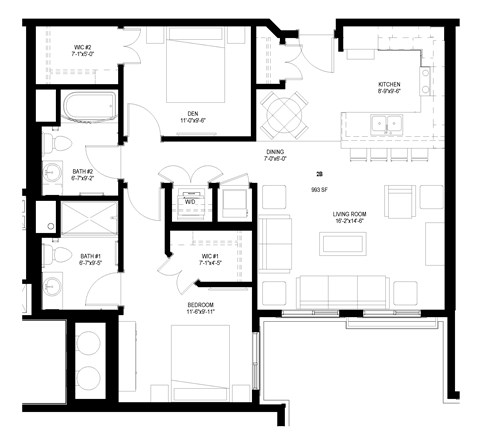 Floor plan for 2 beds, 2 baths, 994 sqft