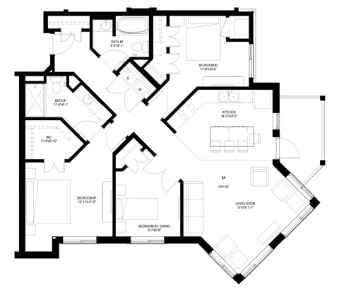 Floor plan for 3 beds, 2 baths, 1259 sqft
