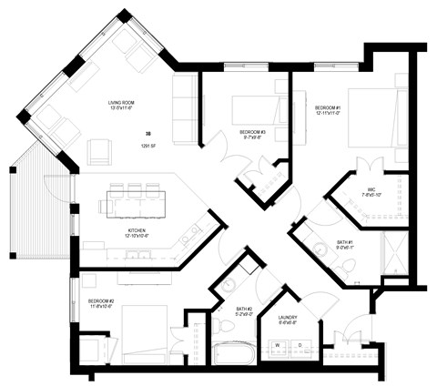Floor plan for 3 beds, 2 baths, 1297 sqft