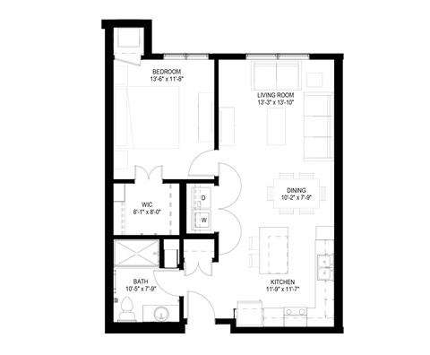 Floor plan for 1 bed, 1 bath, 771 sqft