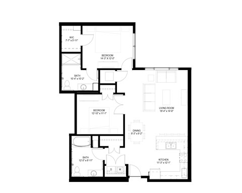 Floor plan for 2 beds, 2 baths, 1196 sqft