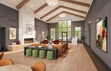 Oklahoma City apartment for rent - A modern living room with a fireplace and a painting on the wall.