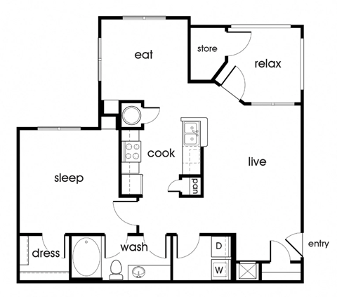 Floor plan for 1 bed, 1 bath, 823 sqft