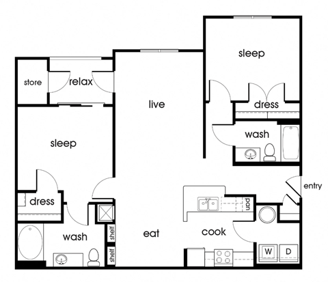 Floor plan for 2 beds, 2 baths, 1128 sqft