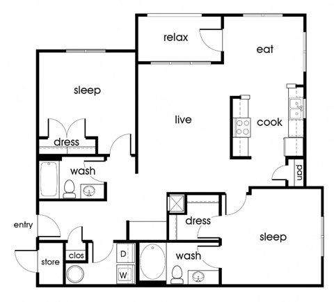 Floor plan for 2 beds, 2 baths, 1128 sqft