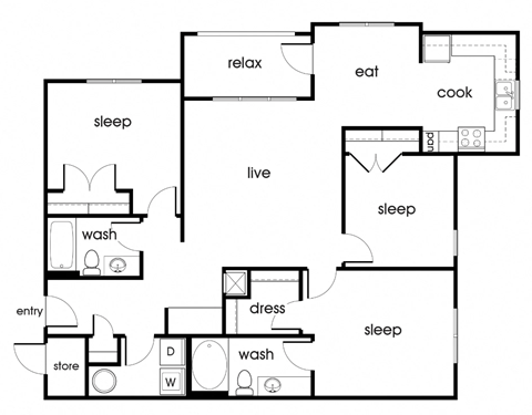 Floor plan for 3 beds, 2 baths, 1250 sqft