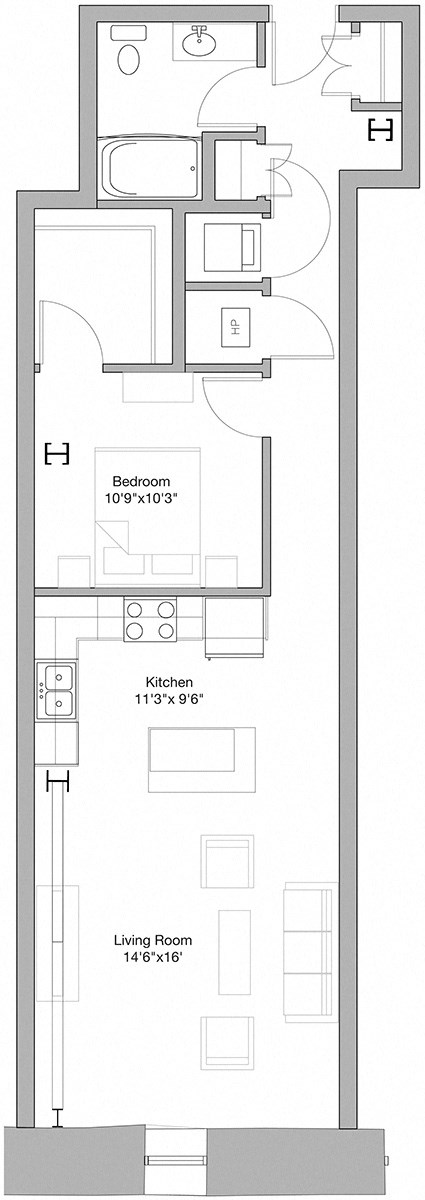 Floor plan for 1 bed, 1 bath, 811 sqft
