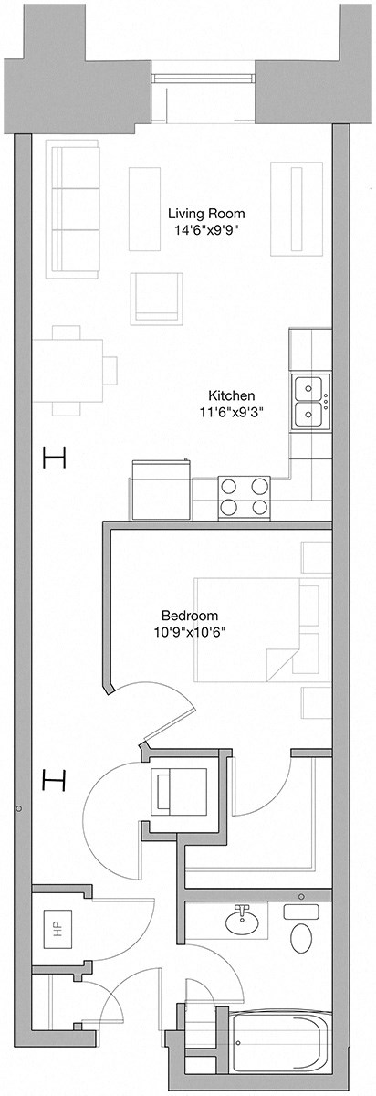 Floor plan for 1 bed, 1 bath, 701 sqft