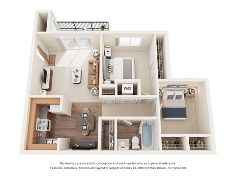 Floor plan for 2 beds, 1 bath, 987 sqft