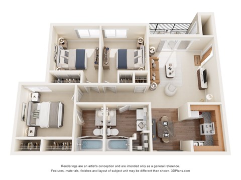 Floor plan for 3 beds, 2 baths, 1155 sqft