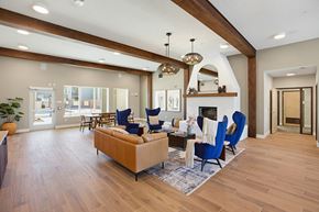 Rio Rancho apartment for rent - A living room with a fireplace and blue chairs.