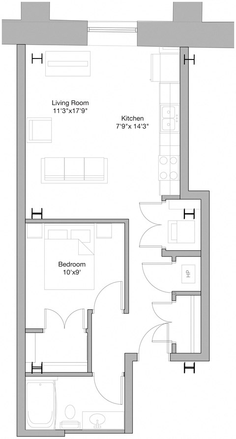Floor plan for 1 bed, 1 bath, 723 sqft