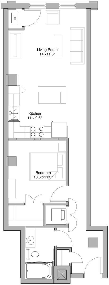 Floor plan for 1 bed, 1 bath, 728 sqft