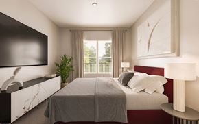 Austin apartment for rent - A bedroom with a large bed and a flat screen TV mounted on the wall at Sage at Franklin Park Apartment , Austin