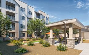 Surprise apartment for rent - A modern apartment complex with a gazebo-like structure in the front yard at Orchard Springs 55+ Apartment , Surprise