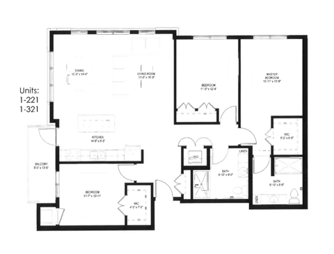 Floor plan for 3 beds, 2 baths, 1438 sqft
