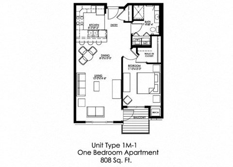 Floor plan for 1 bed, 1 bath, 808 sqft
