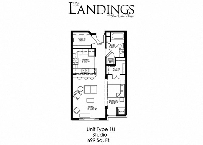 Floor plan for studio, 1 bath, 699 sqft