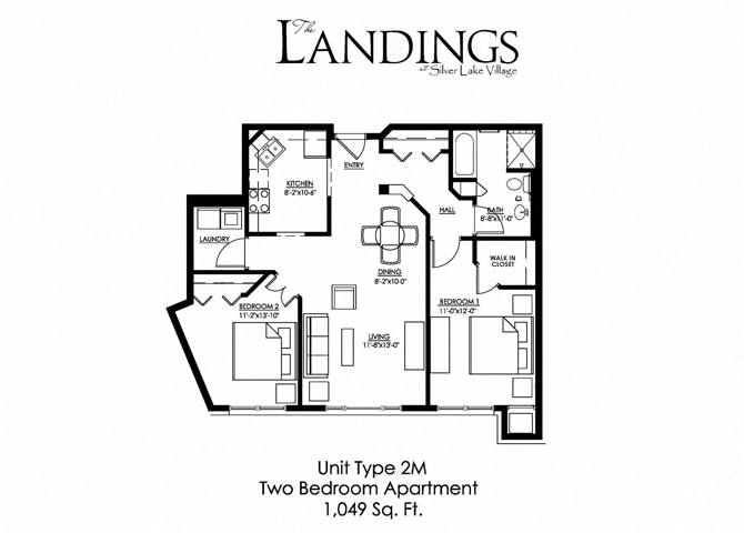Floor plan for 2 beds, 1 bath, 1049 sqft