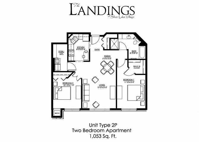 Floor plan for 2 beds, 1 bath, 1053 sqft