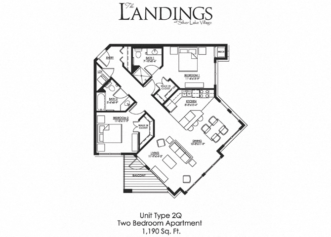 Floor plan for 2 beds, 2 baths, 1190 sqft