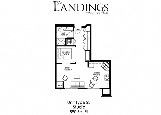 Floor plan for studio, 1 bath, 590 sqft