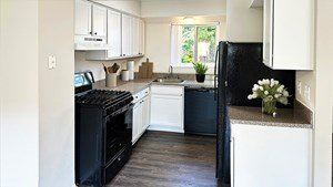 Shelby Township townhouse for rent - A black refrigerator sits in a kitchen with white cabinets.